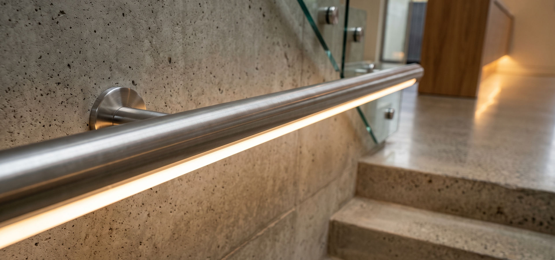 Поручень из легированной нержавеющей стали со встроенной светодиодной LED–лентой и матовым рассеивателем. Поручни.бел